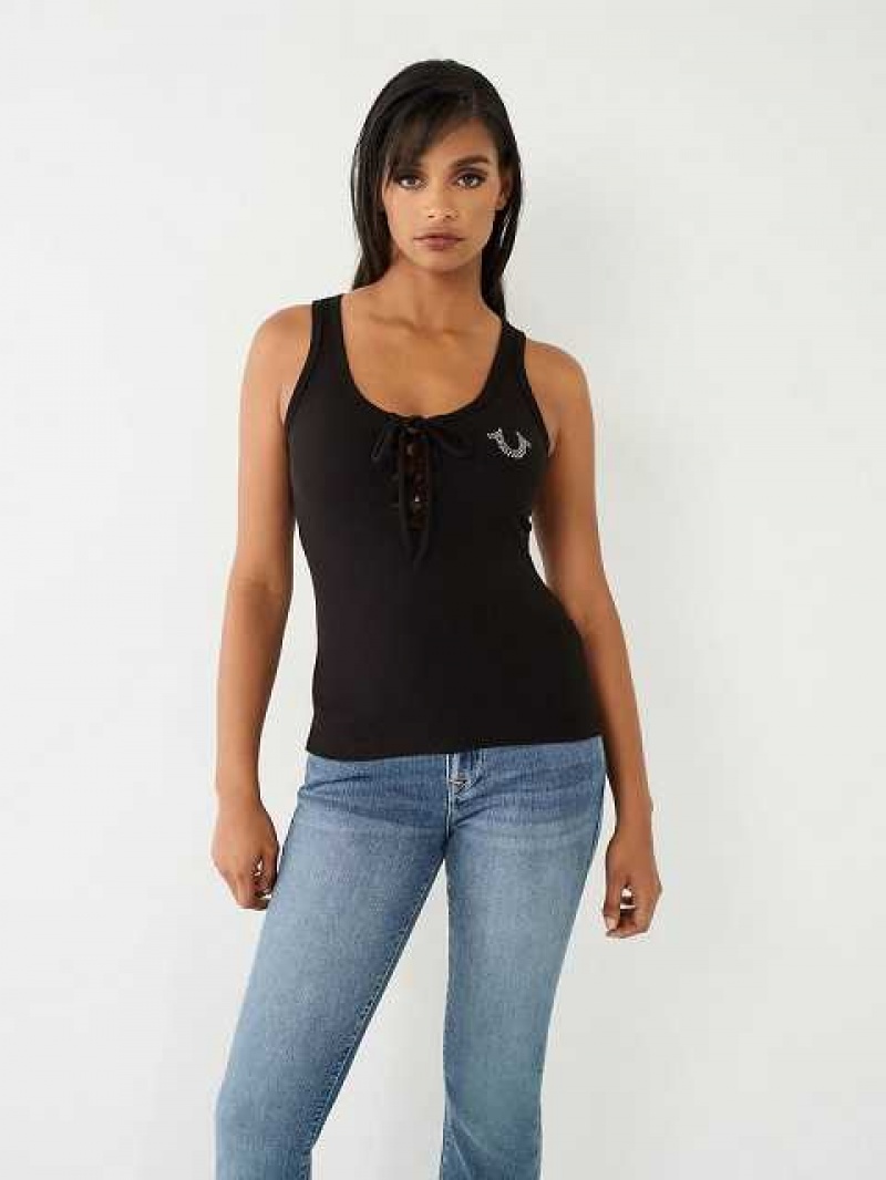 Camiseta sin Manga True Religion Encaje Up Studded Logo Mujer Negras | Colombia-CXTZVEI34