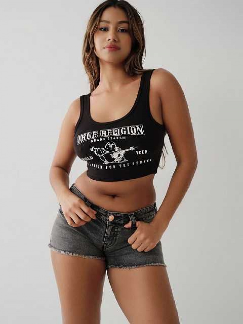 Camiseta sin Manga True Religion Logo Crop Mujer Negras | Colombia-DFJYUZK96