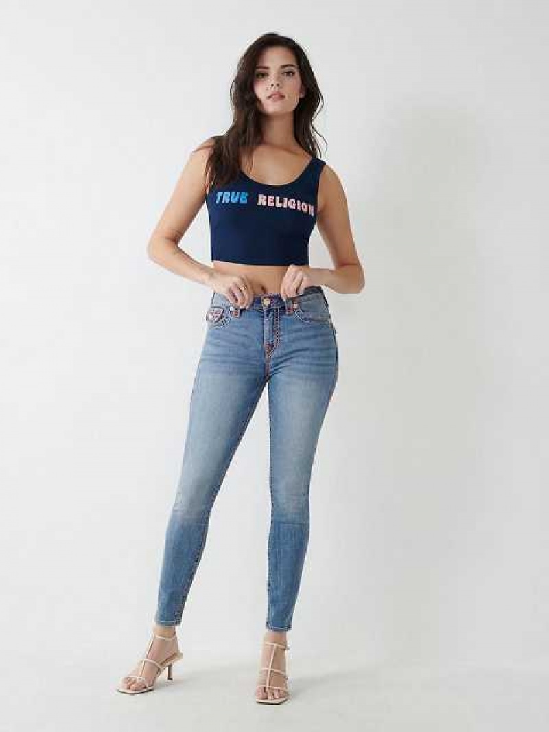 Camiseta sin Manga True Religion Logo Crop Mujer Azul Marino Azules | Colombia-RXFNSLE21