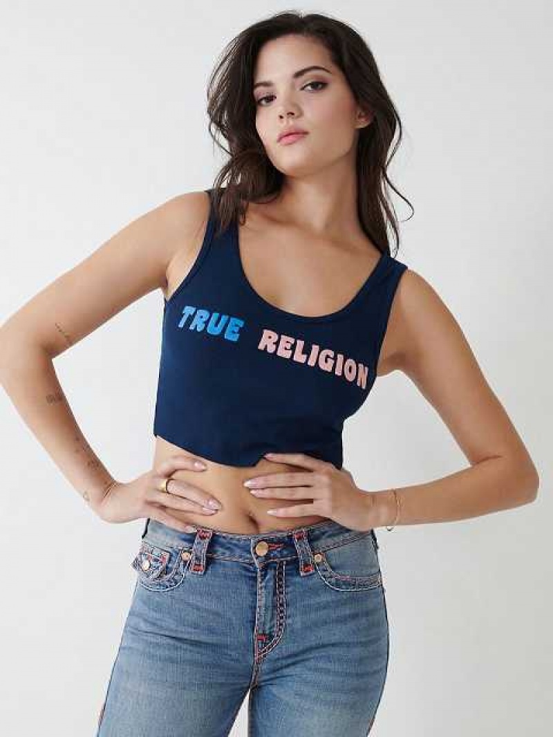 Camiseta sin Manga True Religion Logo Crop Mujer Azul Marino Azules | Colombia-RXFNSLE21