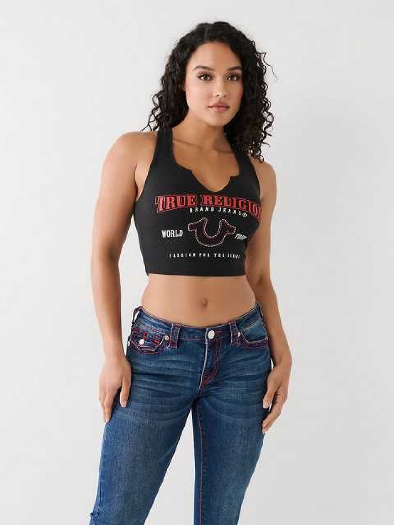 Camiseta sin Manga True Religion Notch Crop Logo Mujer Negras | Colombia-LAGTBOD15