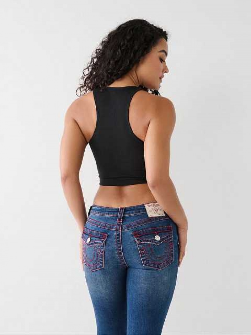 Camiseta sin Manga True Religion Notch Crop Logo Mujer Negras | Colombia-LAGTBOD15