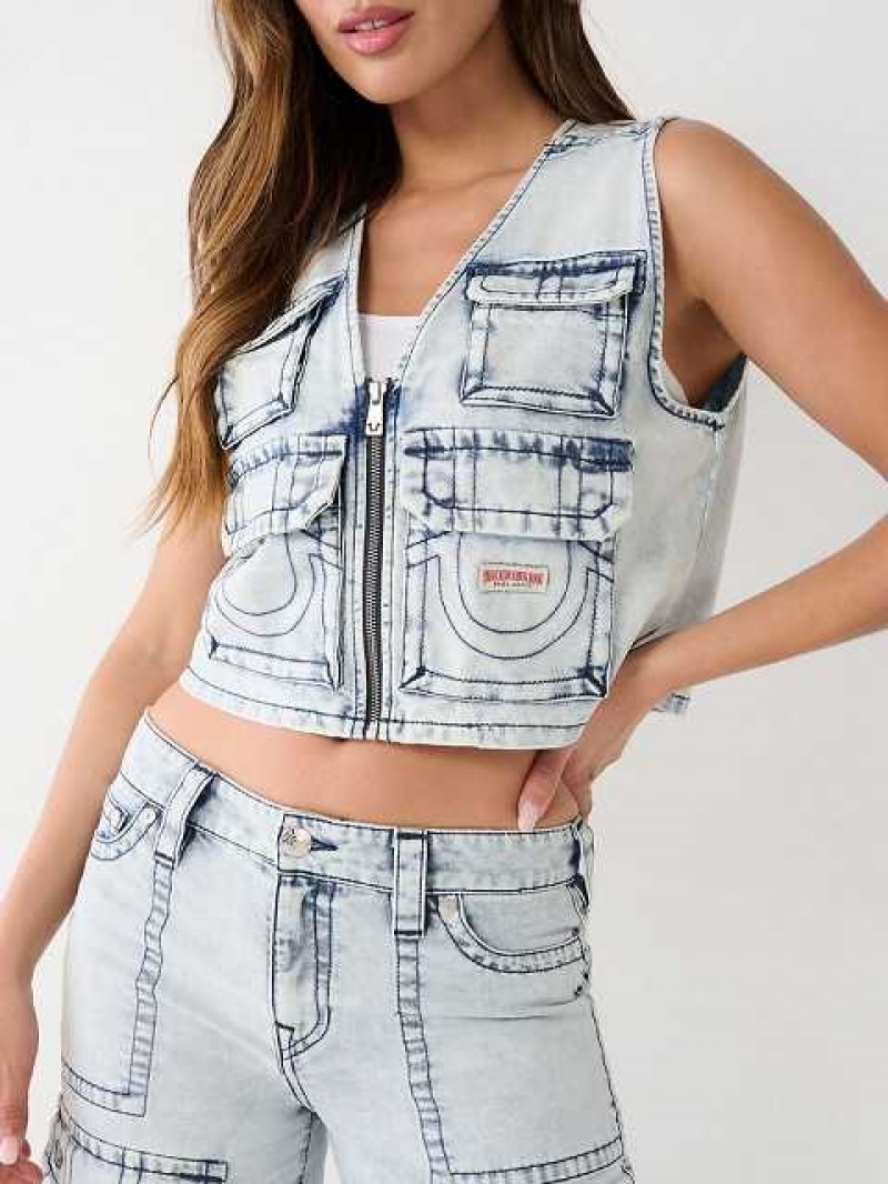 Chaleco True Religion Crop Denim Utility Mujer Azules Claro | Colombia-TMLXWSC70