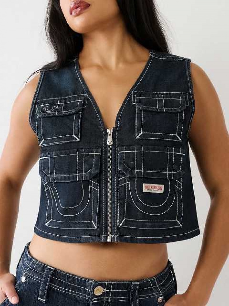 Chaleco True Religion Crop Denim Utility Mujer Azules Oscuro | Colombia-PCAHEQX92