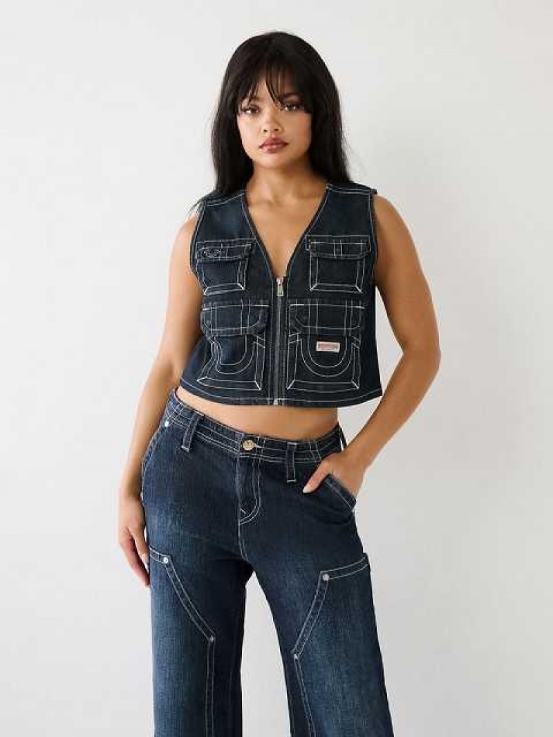 Chaleco True Religion Crop Denim Utility Mujer Azules Oscuro | Colombia-PCAHEQX92