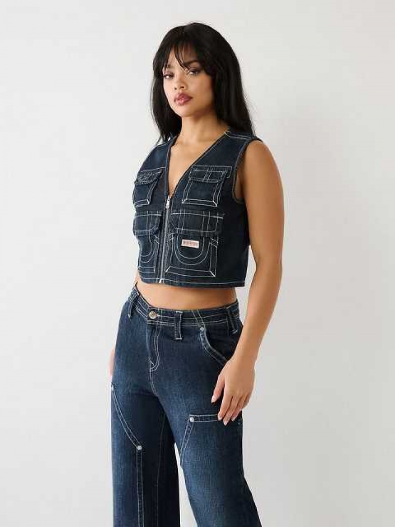 Chaleco True Religion Crop Denim Utility Mujer Azules Oscuro | Colombia-PCAHEQX92