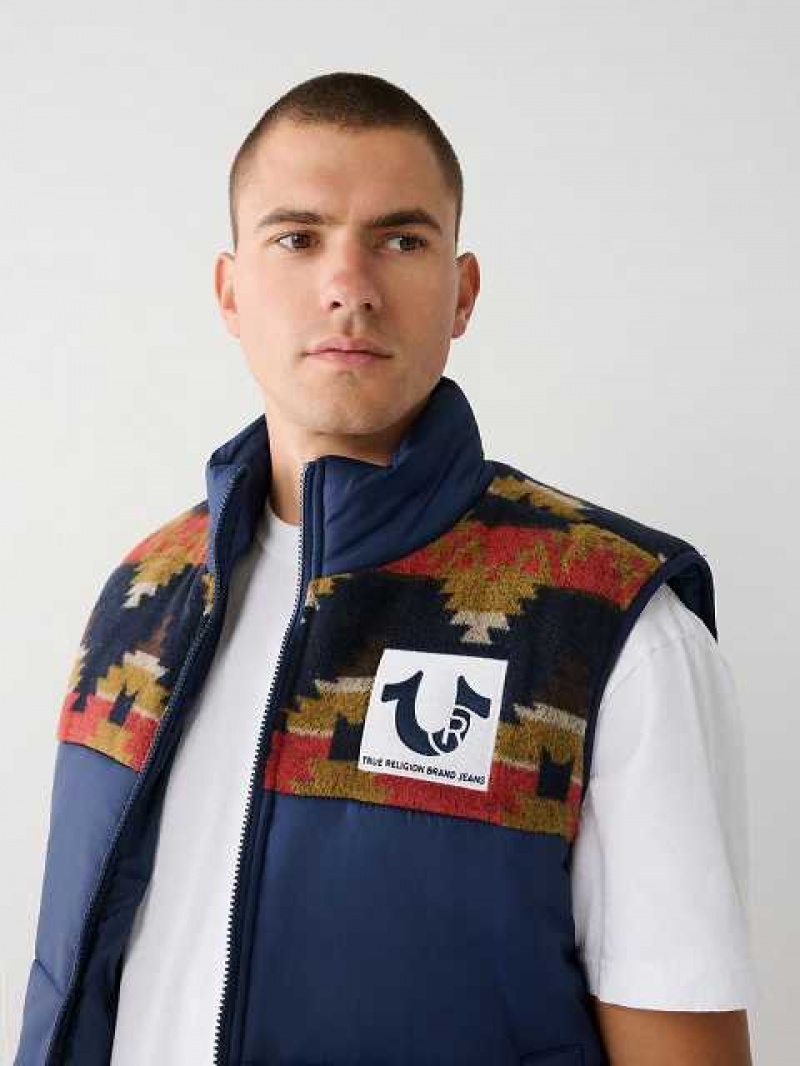 Chaleco True Religion Southwestern Puffer Hombre Azul Marino Azules | Colombia-BCQTFGW45