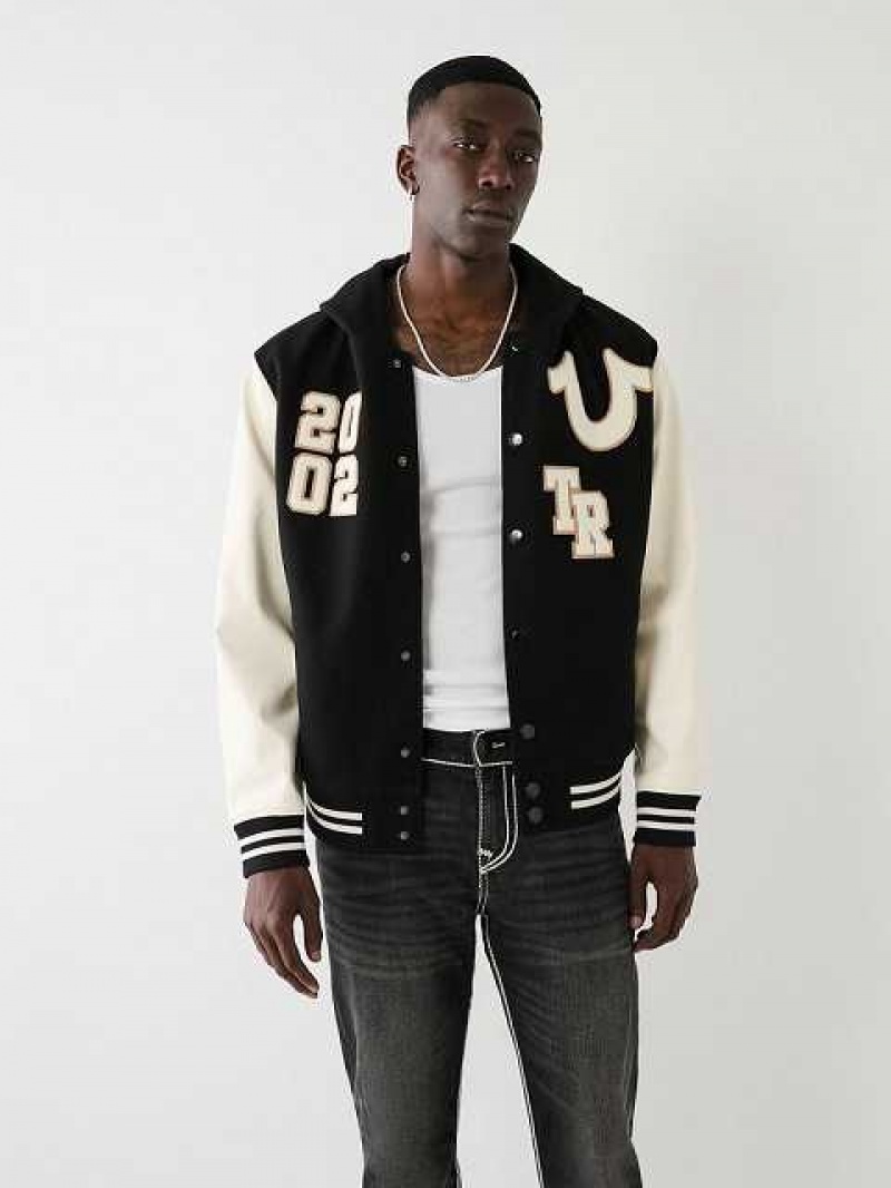 Chaqueta True Religion Encapuchado Varsity Hombre Negras | Colombia-ASXJDUO91