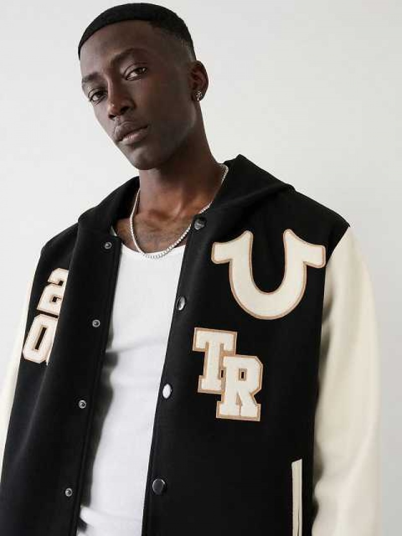 Chaqueta True Religion Encapuchado Varsity Hombre Negras | Colombia-ASXJDUO91