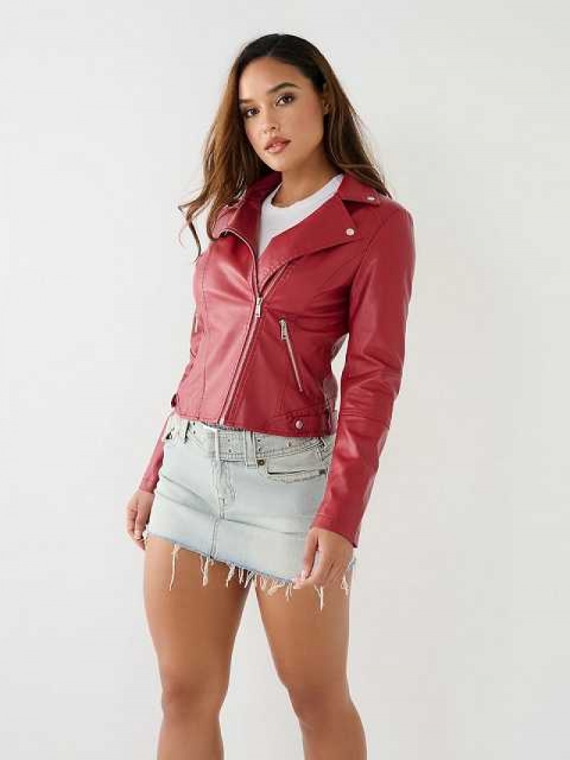 Chaqueta True Religion Faux Cuero Moto Mujer Rojas | Colombia-ZEUFAWB43