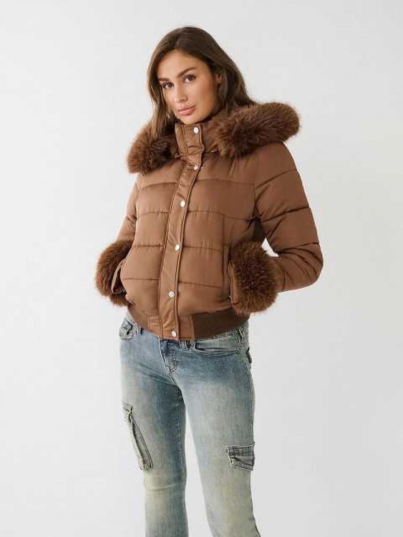 Chaqueta True Religion Faux Fur Trim Puffer Mujer Marrones Oscuro | Colombia-KCOBUSN10