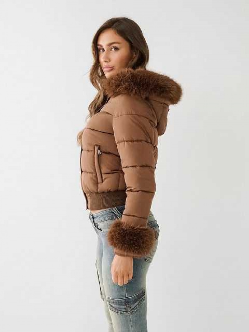 Chaqueta True Religion Faux Fur Trim Puffer Mujer Marrones Oscuro | Colombia-KCOBUSN10