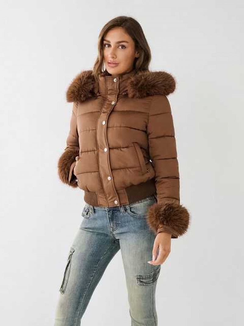 Chaqueta True Religion Faux Fur Trim Puffer Mujer Marrones Oscuro | Colombia-KCOBUSN10