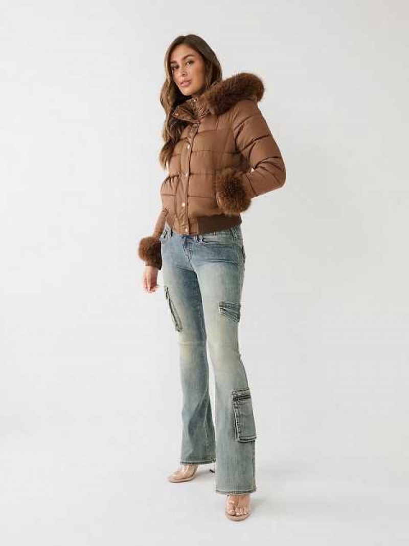 Chaqueta True Religion Faux Fur Trim Puffer Mujer Marrones Oscuro | Colombia-KCOBUSN10