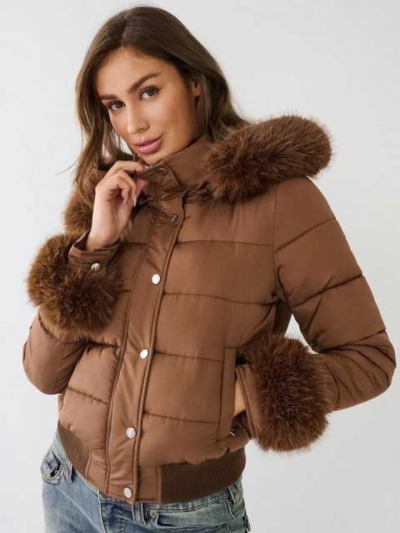 Chaqueta True Religion Faux Fur Trim Puffer Mujer Marrones Oscuro | Colombia-KCOBUSN10