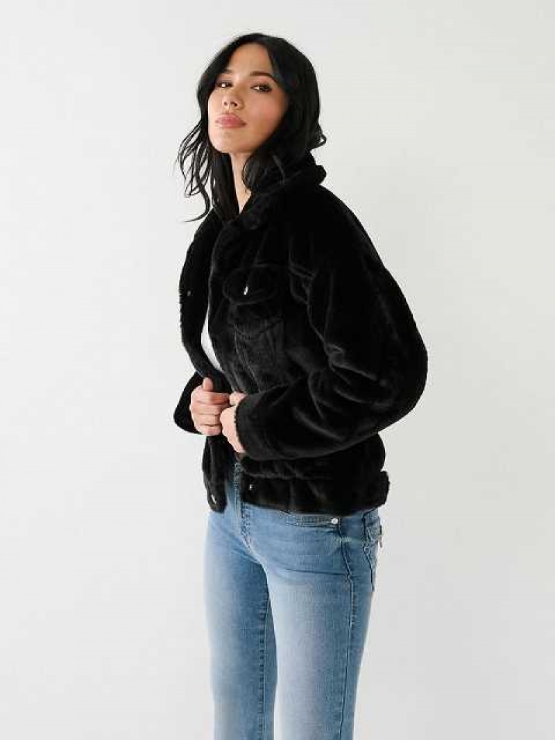 Chaqueta True Religion Faux Fur Trucker Mujer Negras | Colombia-ZHOUBLM30