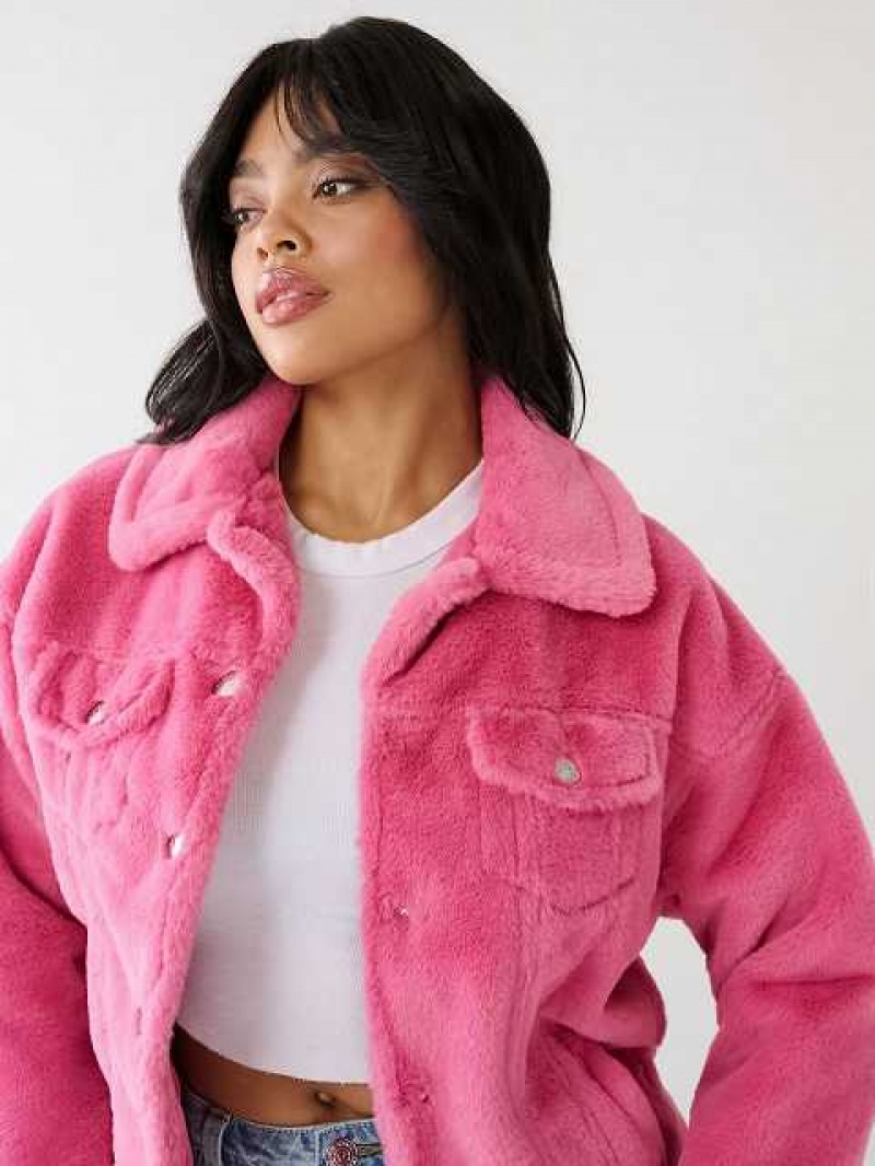 Chaqueta True Religion Faux Fur Trucker Mujer Rosas | Colombia-EVAUXKI54