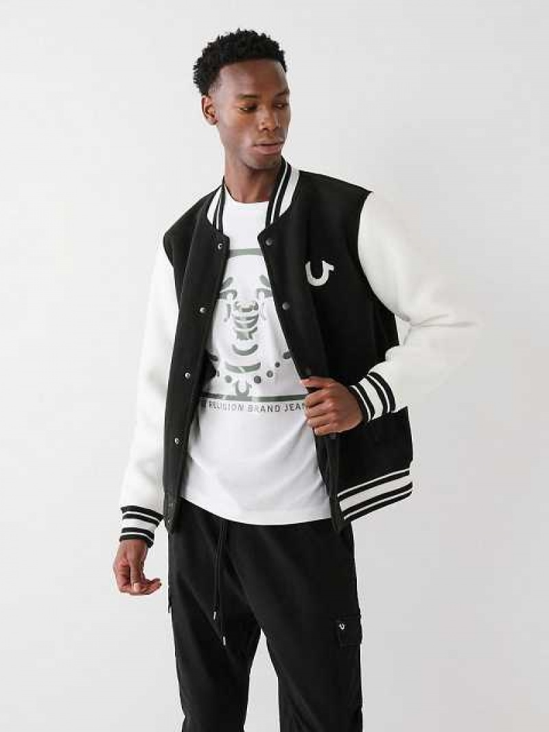 Chaqueta True Religion Fleece Varsity Hombre Negras Blancas | Colombia-NJSVKGD53