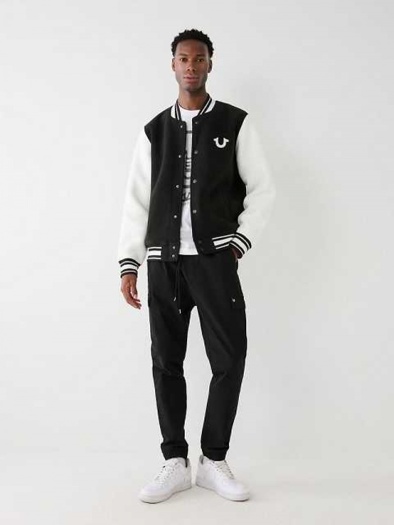 Chaqueta True Religion Fleece Varsity Hombre Negras Blancas | Colombia-NJSVKGD53