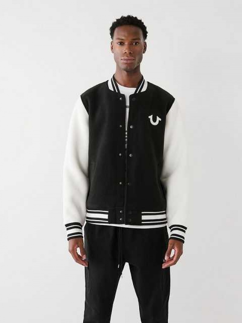 Chaqueta True Religion Fleece Varsity Hombre Negras Blancas | Colombia-NJSVKGD53