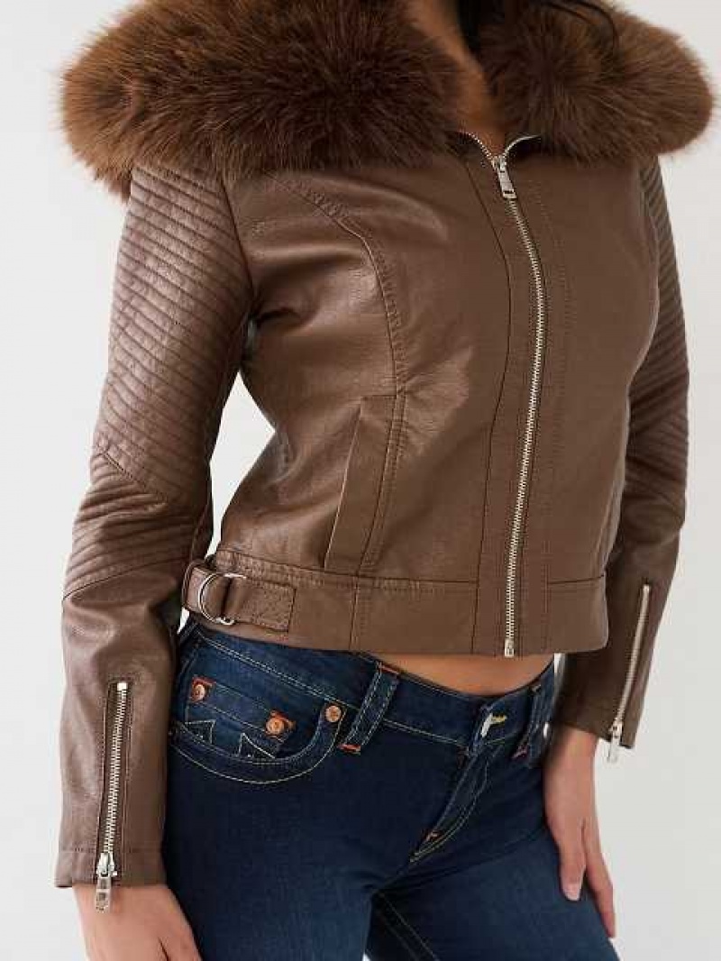 Chaqueta True Religion Fur Trim Faux Cuero Moto Mujer Marrones Oscuro | Colombia-EQOYDSH18