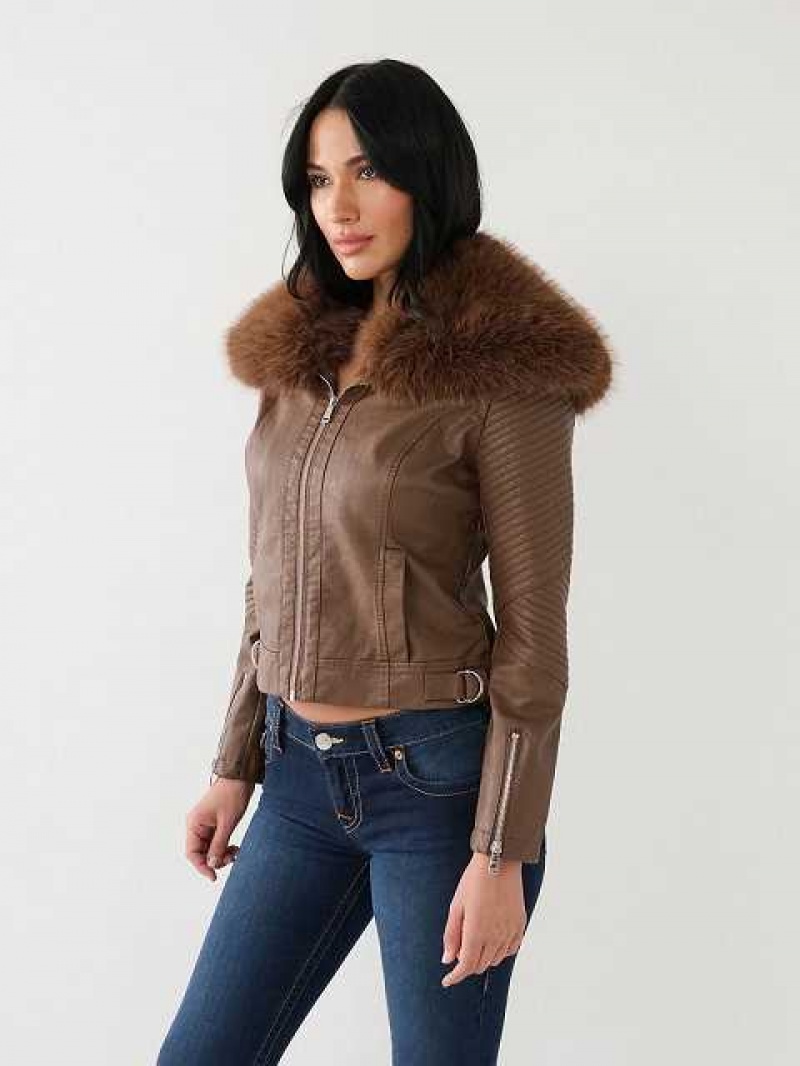 Chaqueta True Religion Fur Trim Faux Cuero Moto Mujer Marrones Oscuro | Colombia-EQOYDSH18