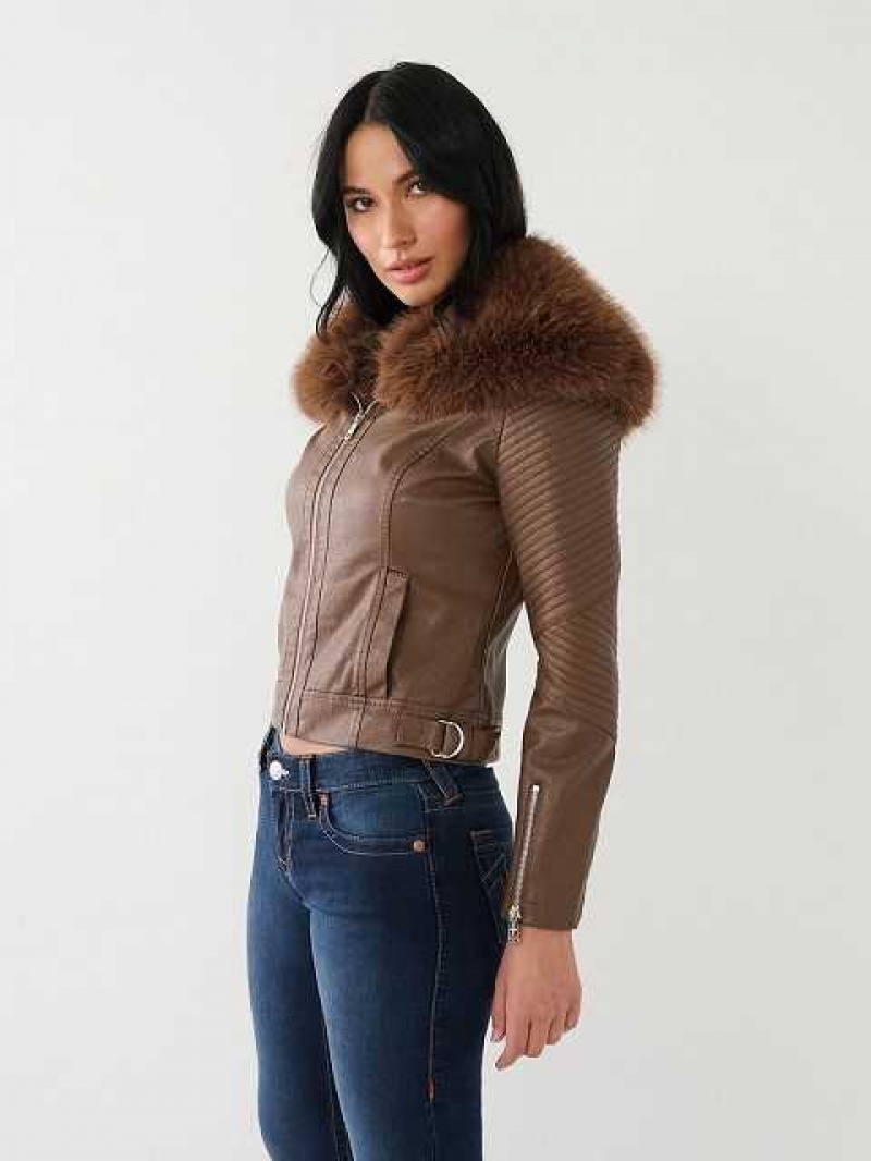 Chaqueta True Religion Fur Trim Faux Cuero Moto Mujer Marrones Oscuro | Colombia-EQOYDSH18