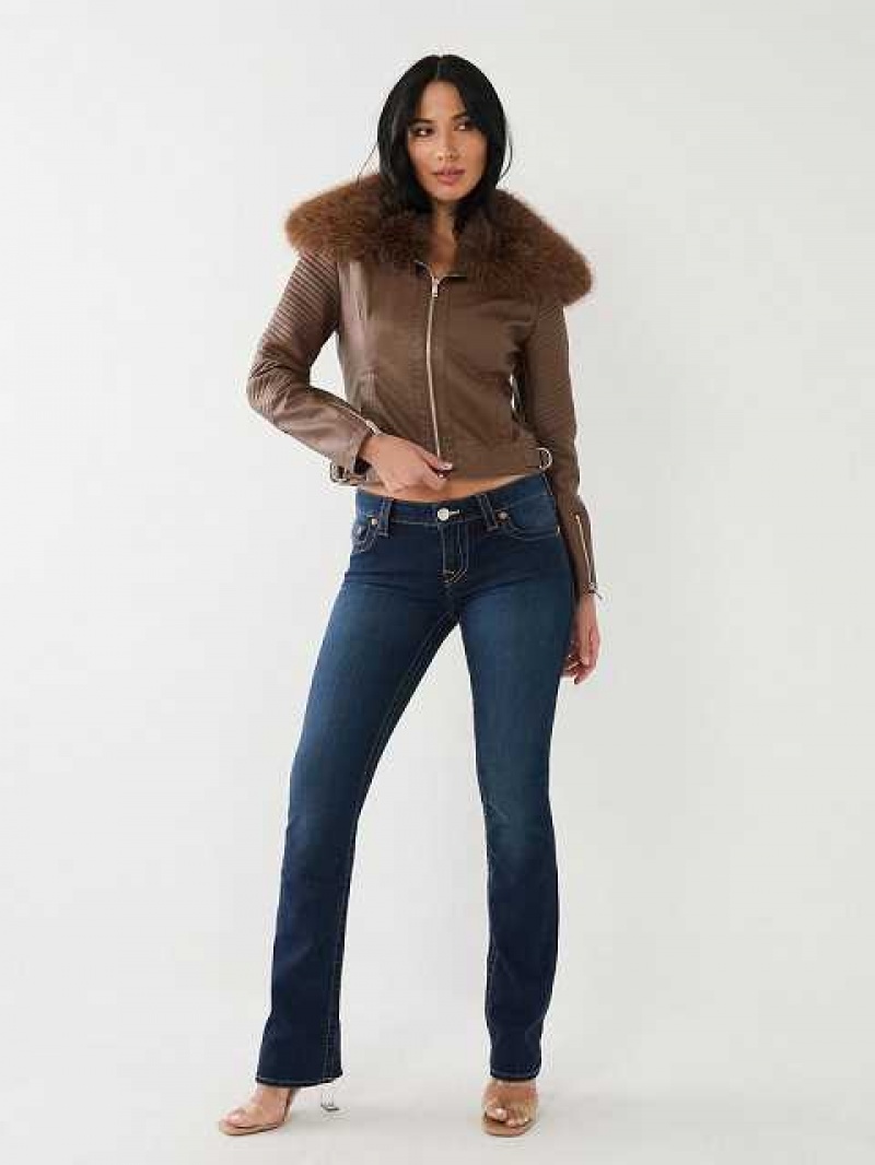 Chaqueta True Religion Fur Trim Faux Cuero Moto Mujer Marrones Oscuro | Colombia-EQOYDSH18