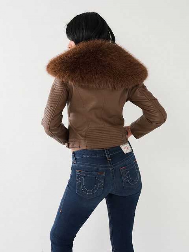 Chaqueta True Religion Fur Trim Faux Cuero Moto Mujer Marrones Oscuro | Colombia-EQOYDSH18