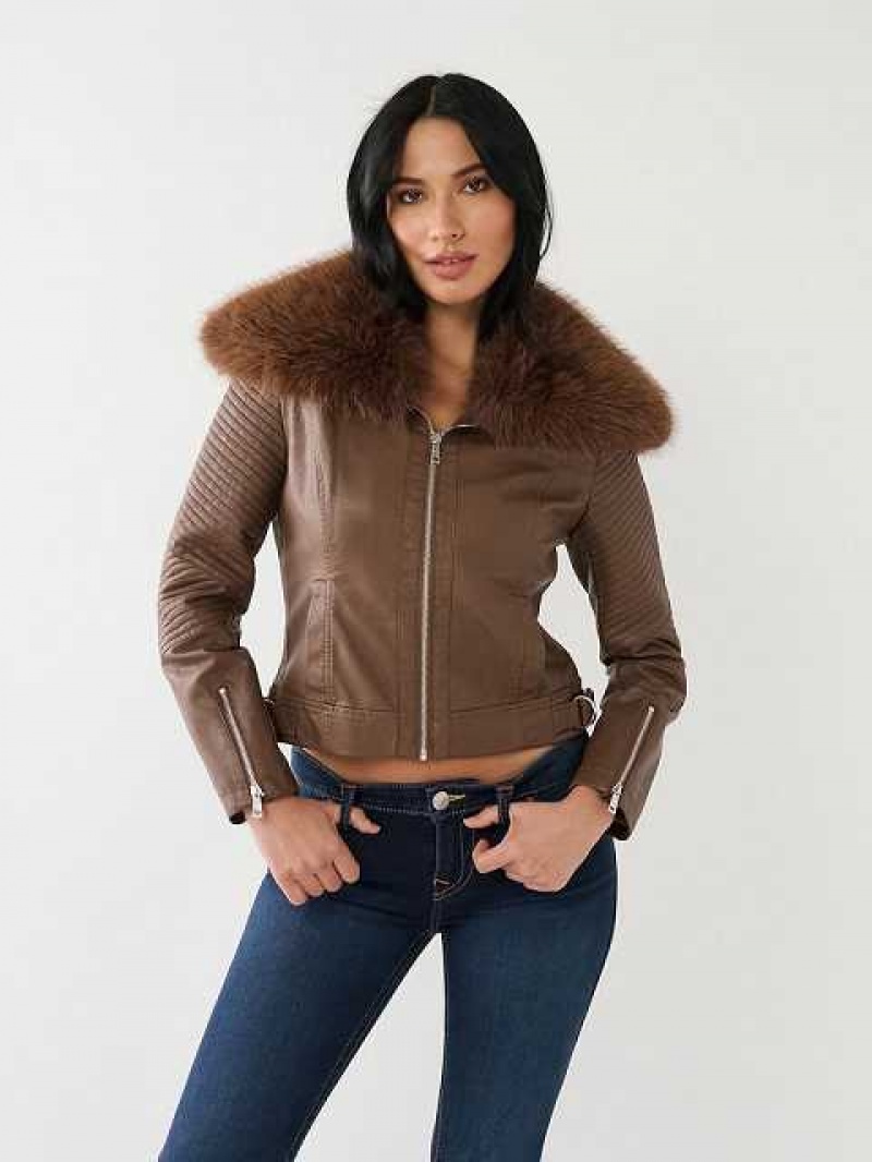 Chaqueta True Religion Fur Trim Faux Cuero Moto Mujer Marrones Oscuro | Colombia-EQOYDSH18