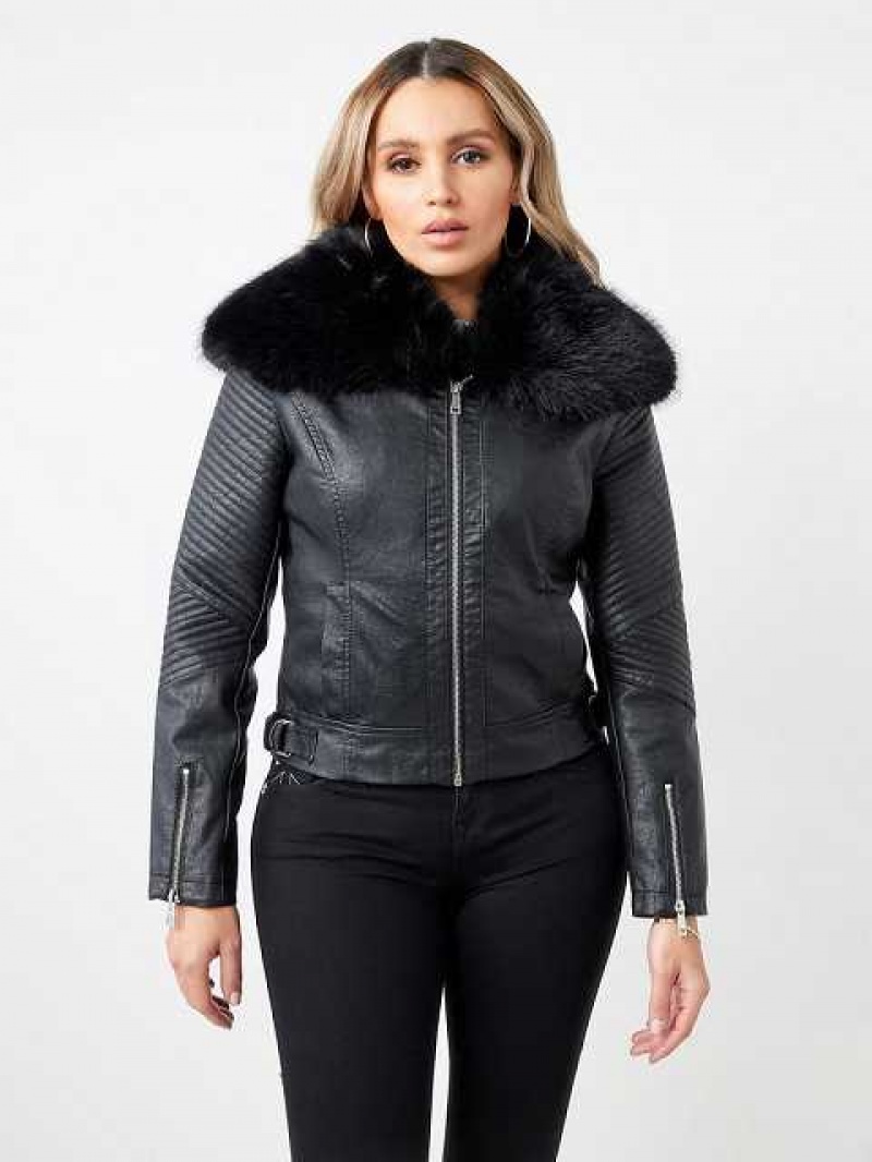 Chaqueta True Religion Fur Trim Faux Cuero Moto Mujer Negras | Colombia-BWNHUFP03