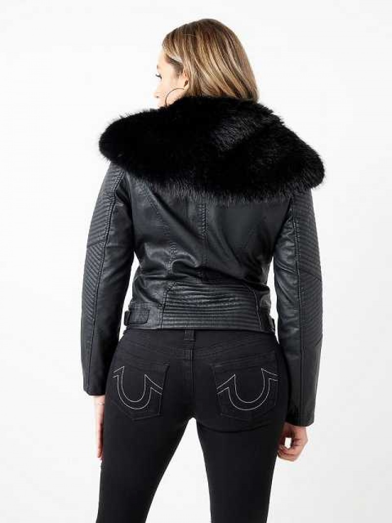 Chaqueta True Religion Fur Trim Faux Cuero Moto Mujer Negras | Colombia-BWNHUFP03