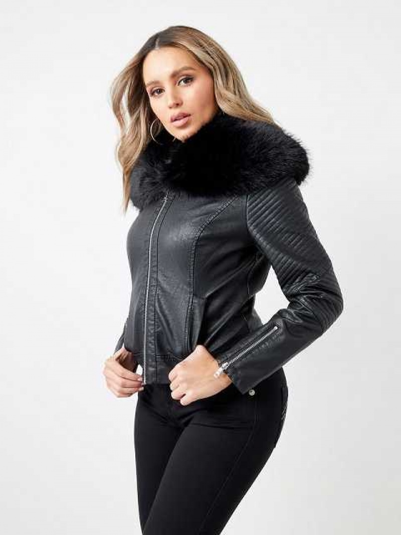 Chaqueta True Religion Fur Trim Faux Cuero Moto Mujer Negras | Colombia-BWNHUFP03