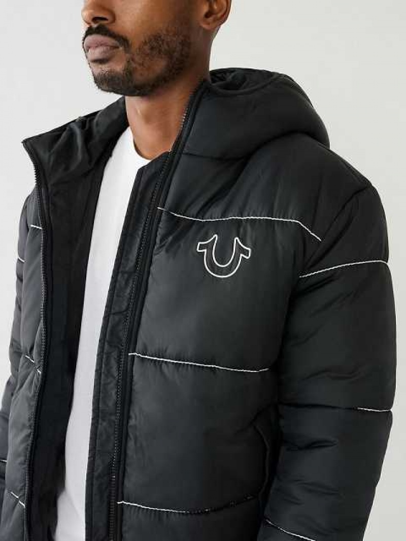 Chaqueta True Religion Horseshoe Logo Big T Puffer Hombre Negras | Colombia-ANRJDBQ41