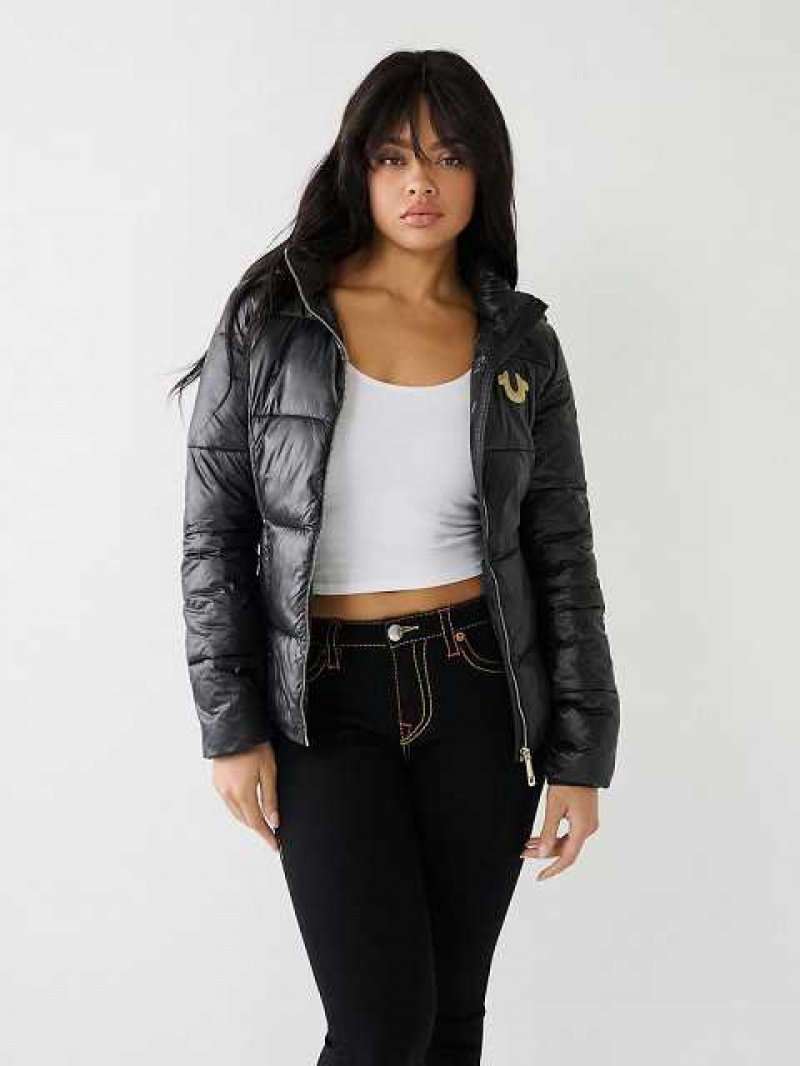 Chaqueta True Religion Horseshoe Logo Encapuchado Puffer Mujer Negras | Colombia-CJKBFVM82