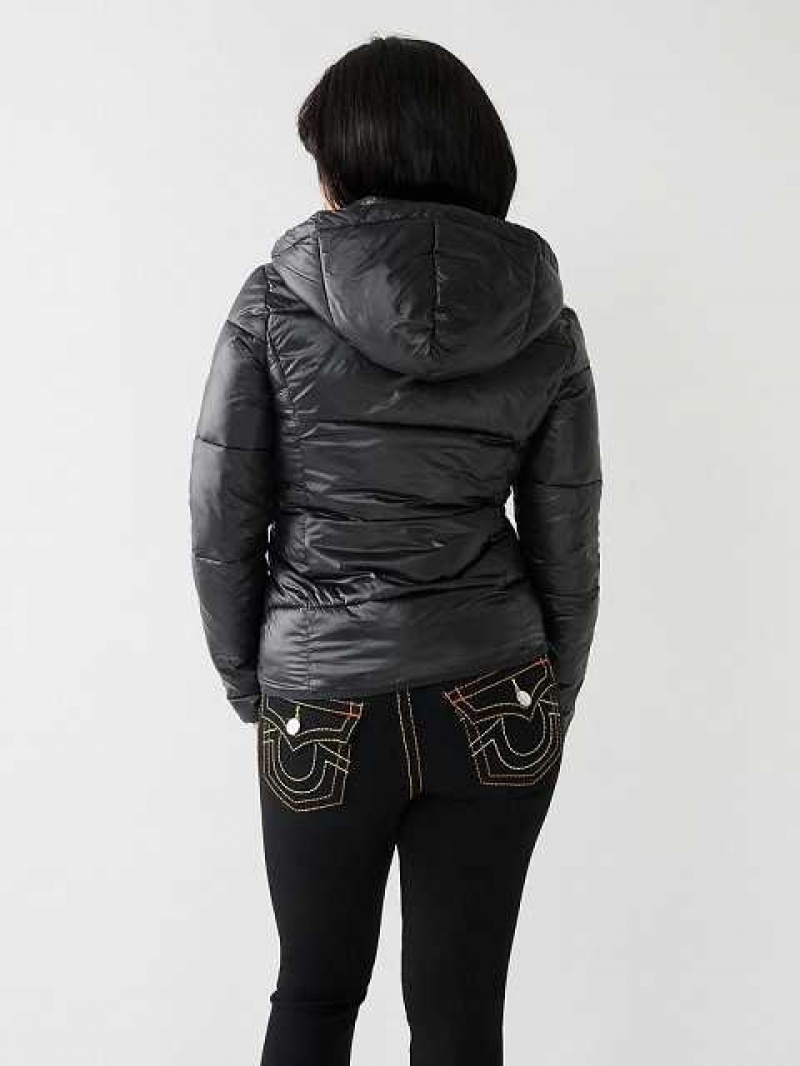 Chaqueta True Religion Horseshoe Logo Encapuchado Puffer Mujer Negras | Colombia-CJKBFVM82