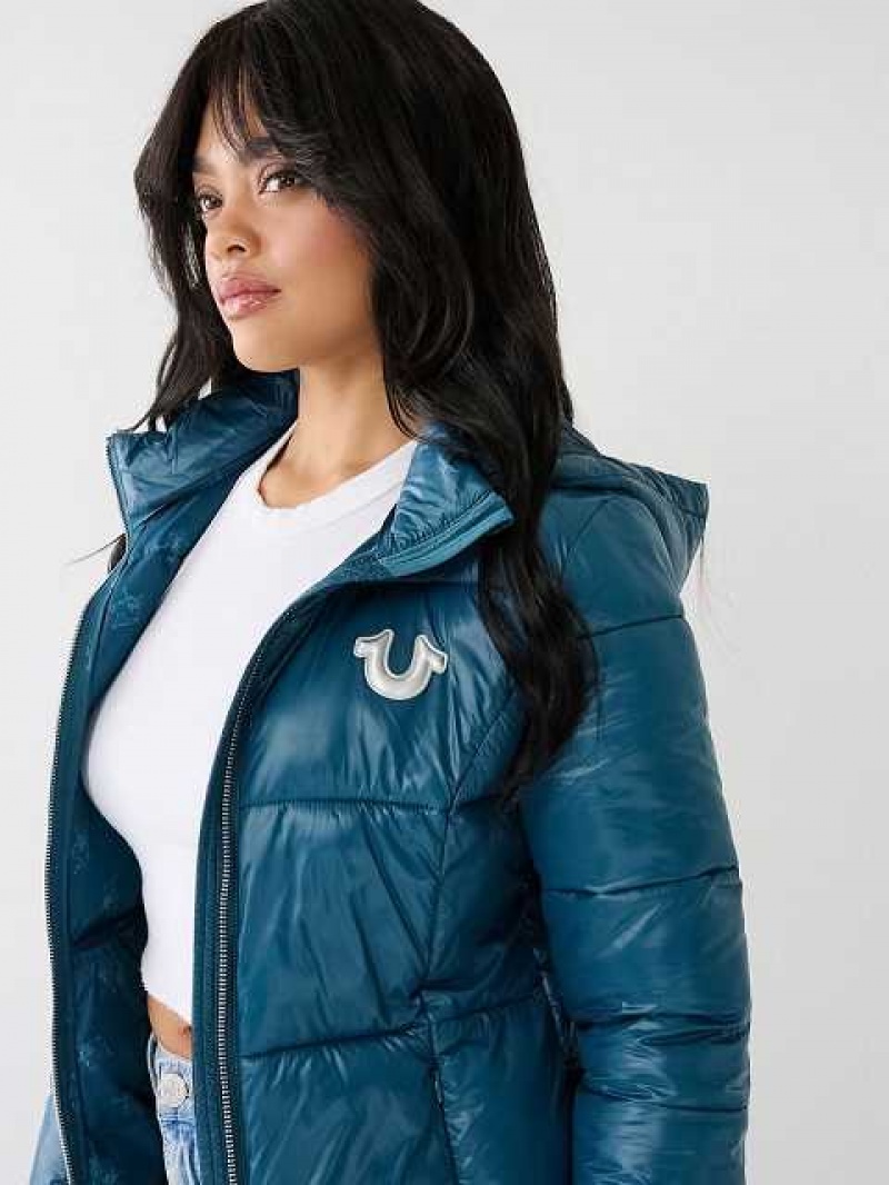 Chaqueta True Religion Horseshoe Logo Encapuchado Puffer Mujer Azules | Colombia-UJVATYW56