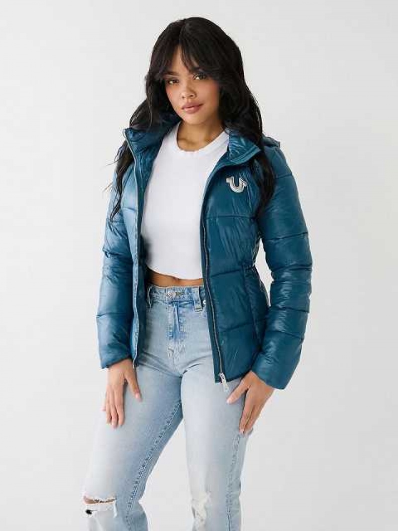 Chaqueta True Religion Horseshoe Logo Encapuchado Puffer Mujer Azules | Colombia-UJVATYW56