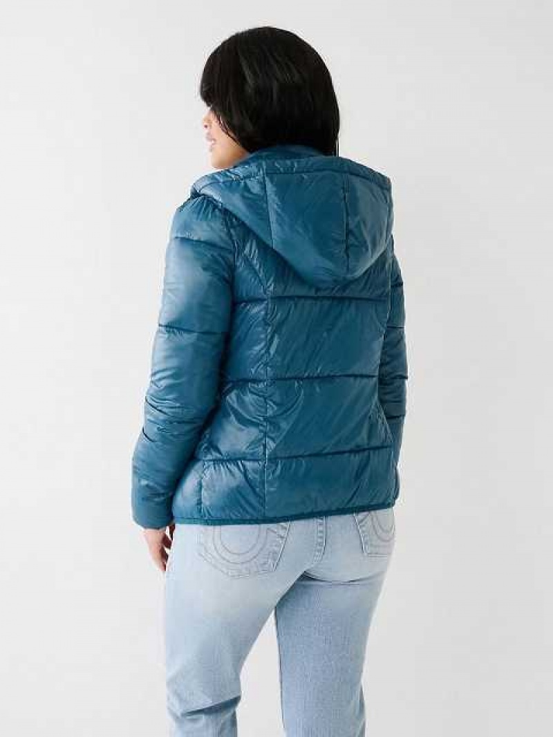 Chaqueta True Religion Horseshoe Logo Encapuchado Puffer Mujer Azules | Colombia-UJVATYW56