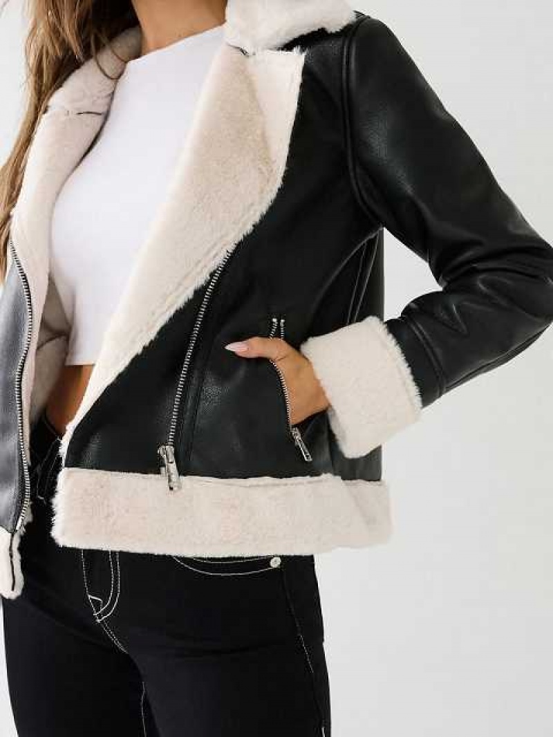 Chaqueta True Religion Shearling Faux Cuero Mujer Negras Blancas | Colombia-CUFDKAT42