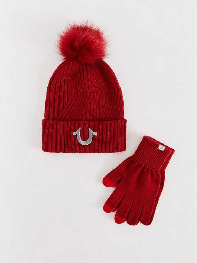 Gorro True Religion Pom Pom Beanie And Glove Set Unisex Rojas | Colombia-NXIUPEO56