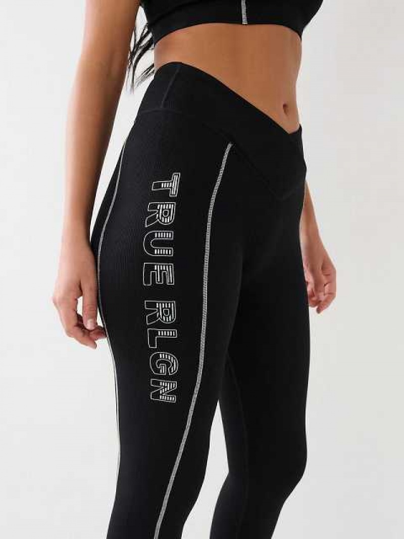 Leggins True Religion Metallic Tr Logo Rib Mujer Negras | Colombia-HMNKFAO86