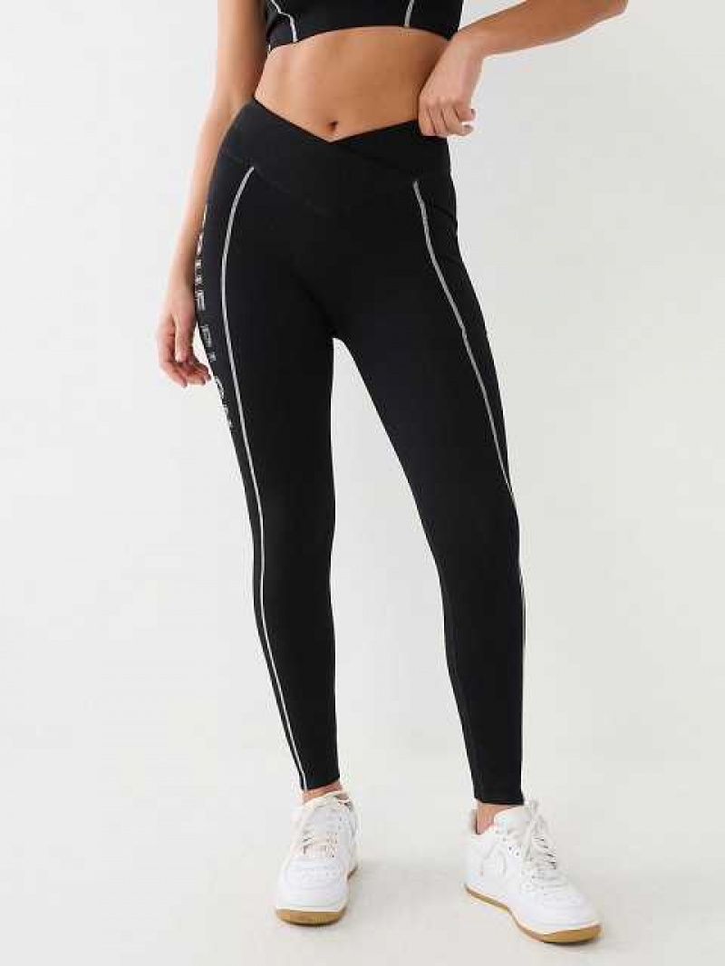 Leggins True Religion Metallic Tr Logo Rib Mujer Negras | Colombia-HMNKFAO86