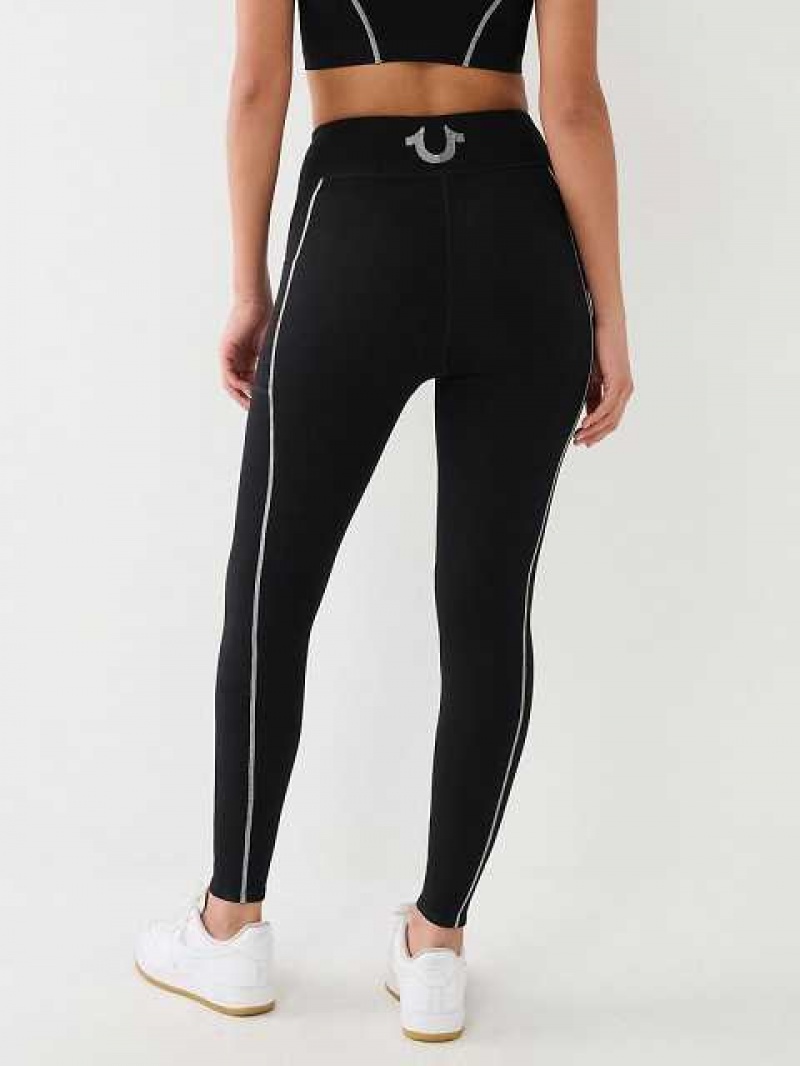 Leggins True Religion Metallic Tr Logo Rib Mujer Negras | Colombia-HMNKFAO86