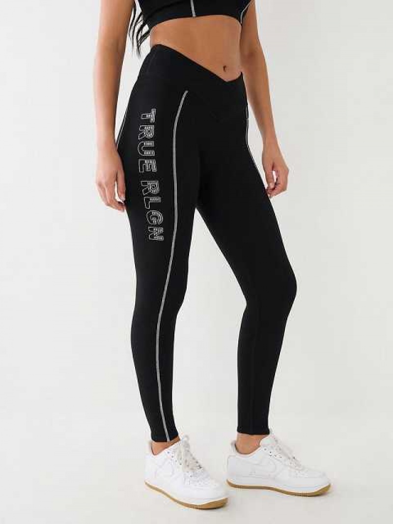 Leggins True Religion Metallic Tr Logo Rib Mujer Negras | Colombia-HMNKFAO86