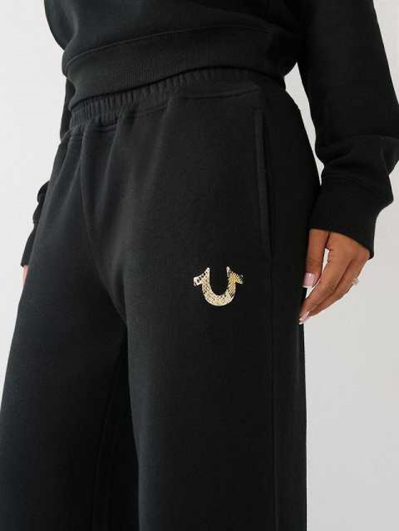 Pantalon Jogger True Religion Anchos Leg Logo Mujer Negras | Colombia-NQKLGWX84