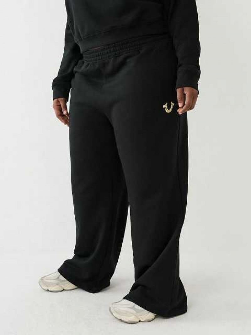 Pantalon Jogger True Religion Anchos Leg Logo Mujer Negras | Colombia-NQKLGWX84