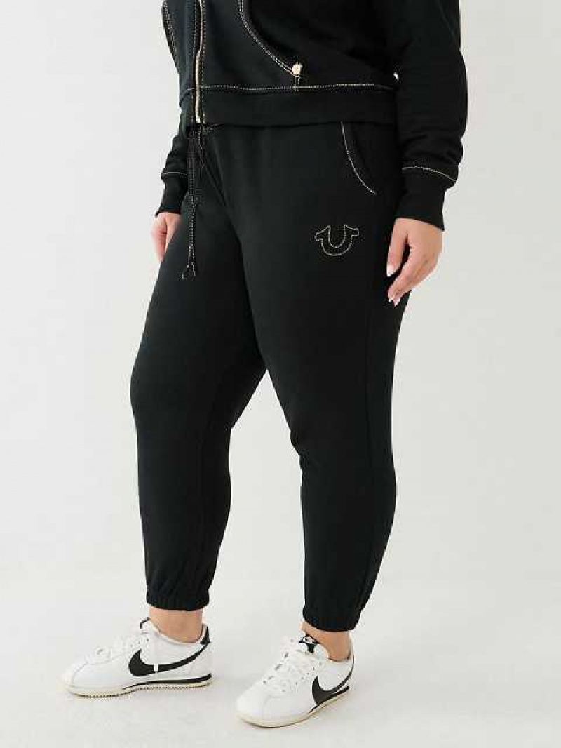 Pantalon Jogger True Religion Lurex Big T Logo Mujer Negras | Colombia-KHOUXAC46