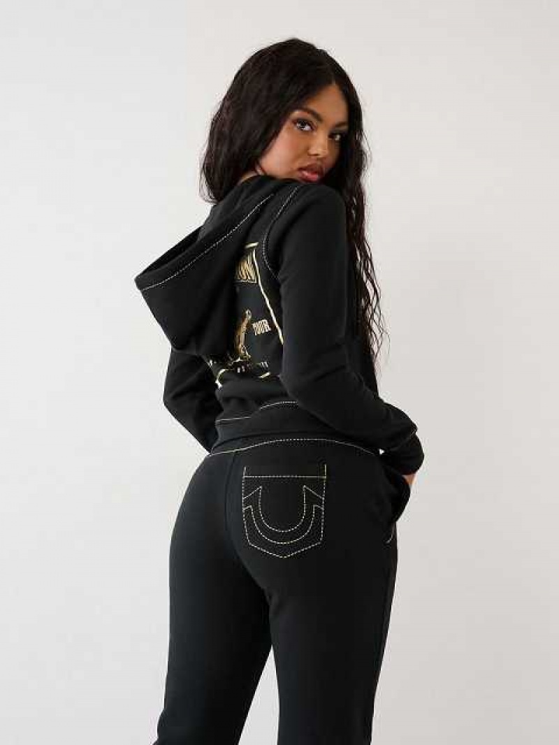 Pantalon Jogger True Religion Lurex Big T Logo Mujer Negras | Colombia-KHOUXAC46