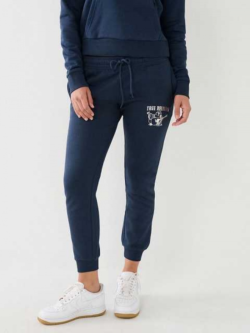 Pantalon Jogger True Religion Metallic Buddha Logo Fleece Mujer Azul Marino Azules | Colombia-SGHUEFP75